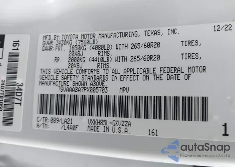 2023 Toyota Sequoia Platinum z USA, uszkodzony, nr VIN 7SVAAABA7PX005703